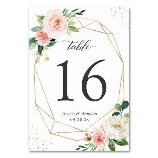 Modern Geometric Blush Floral Wedding Table Number Kaart (Voorkant)