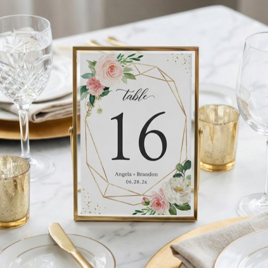 Modern Geometric Blush Floral Wedding Table Number RSVP Kaartje