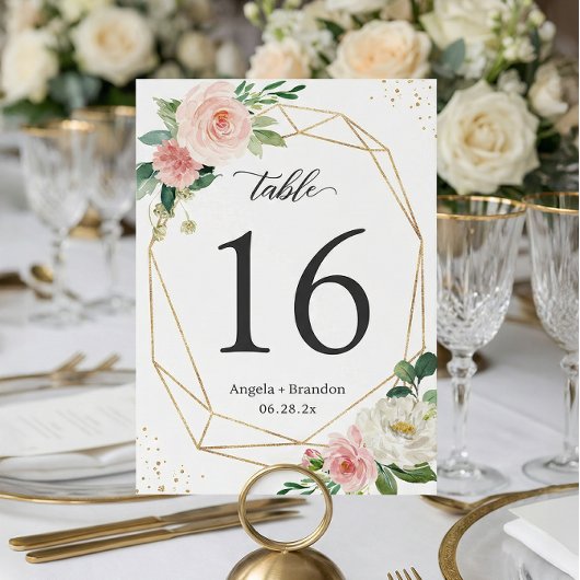 Modern Geometric Blush Floral Wedding Table Number RSVP Kaartje