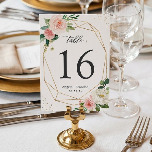 Modern Geometric Blush Floral Wedding Table Number RSVP Kaartje