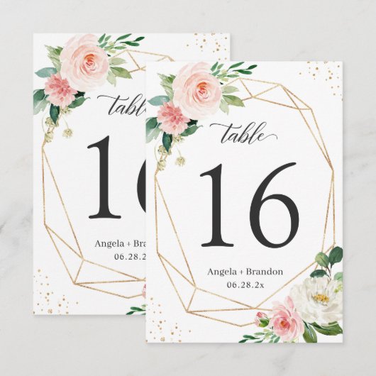 Modern Geometric Blush Floral Wedding Table Number RSVP Kaartje (Voorkant / Achterkant)