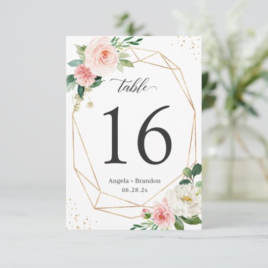 Modern Geometric Blush Floral Wedding Table Number RSVP Kaartje (Staand voorkant)