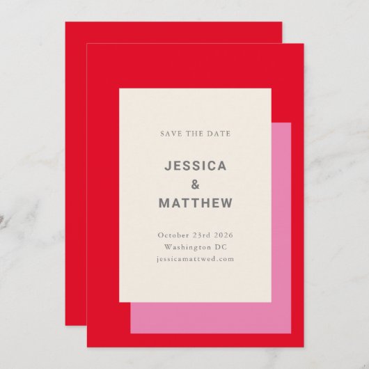 Modern Geometric Bold Pink Red Wedding Save The Date (Voorkant / Achterkant)