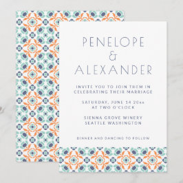 Modern Geometric Botanical Blue Oranje Wedding Kaart