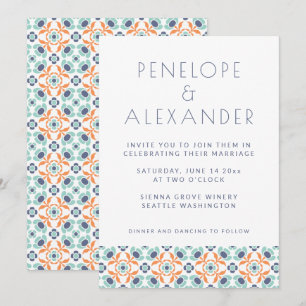 Modern Geometric Botanical Blue Oranje Wedding Kaart