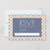 Modern Geometric Botanical Blue Oranje Wedding RSVP Kaartje (Voorkant)