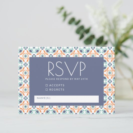 Modern Geometric Botanical Blue Oranje Wedding RSVP Kaartje (Staand voorkant)