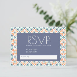 Modern Geometric Botanical Blue Oranje Wedding RSVP Kaartje
