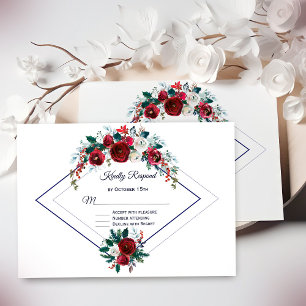 Modern Geometric Burgundy Navy Blue Floral Wedding RSVP Kaartje