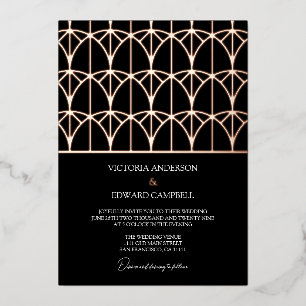 Modern Geometric Deco Black Real Roos Gold Wedding Folie Uitnodiging