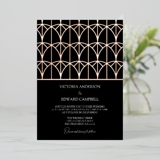 Modern Geometric Deco Black Real Roos Gold Wedding Folie Uitnodiging (Staand Voorkant)