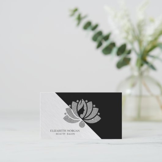 Modern Geometric, Elegant Silver Glitter Lotus Visitekaartje (Staand voorkant)