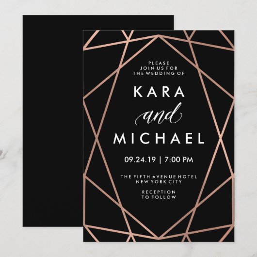 Modern Geometric Faux Roos Gold op Black Wedding Kaart (Voorkant / Achterkant)