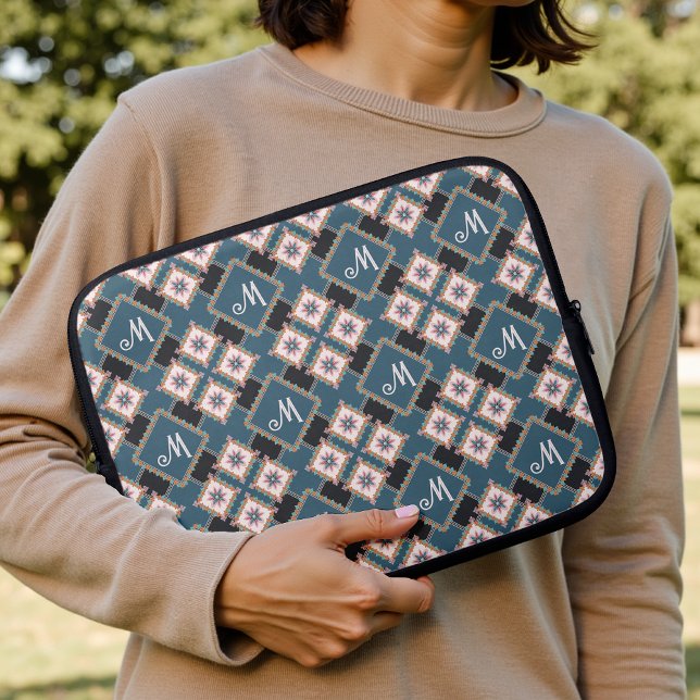 Modern Geometric Floral Monogram Flower Pattern Laptop Sleeve (Creator heeft geüpload)