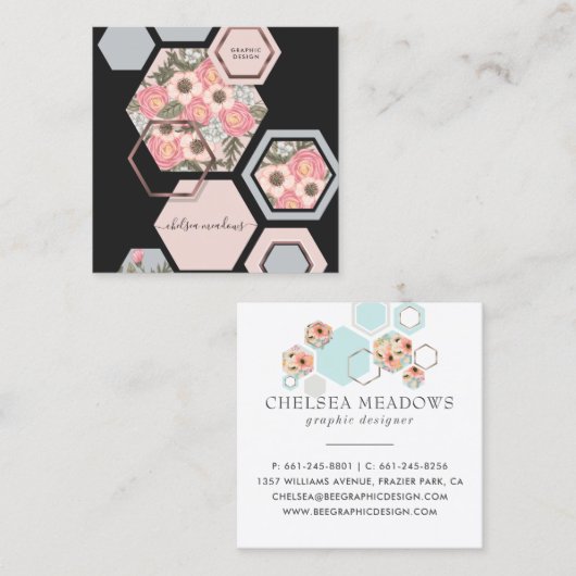 Modern Geometric Floral | Square Honey Comb Vierkante Visitekaartje (Voorkant / Achterkant)