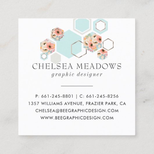 Modern Geometric Floral | Square Honey Comb Vierkante Visitekaartje (Achterkant)