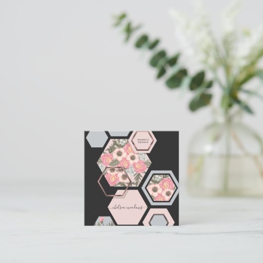 Modern Geometric Floral | Square Honey Comb Vierkante Visitekaartje (Staand voorkant)