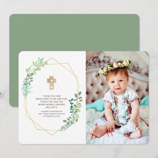 Modern Geometric Foliage Photo Baptisme Hartelijk Bedankkaart (Voorkant / Achterkant)