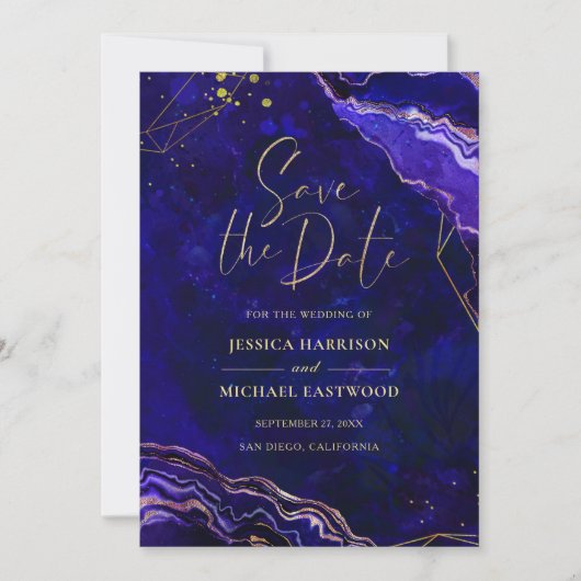 Modern Geometric Geode Blue Paars Roos Gold Agate Save The Date (Voorkant)