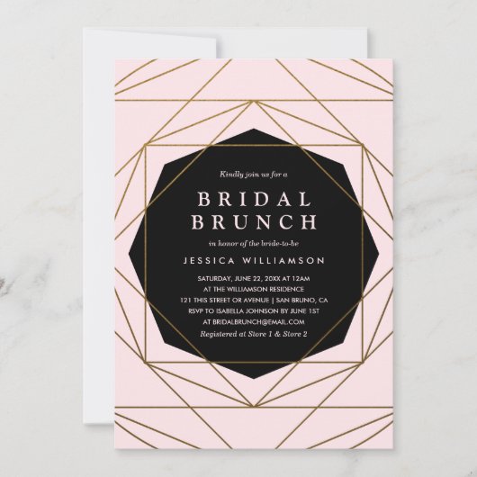 Modern Geometric Gold, Blush & Black Bridal Brunch Kaart (Voorkant)