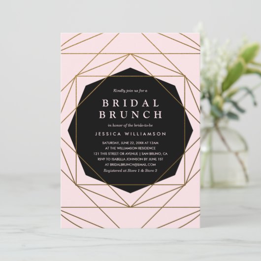 Modern Geometric Gold, Blush & Black Bridal Brunch Kaart (Staand voorkant)