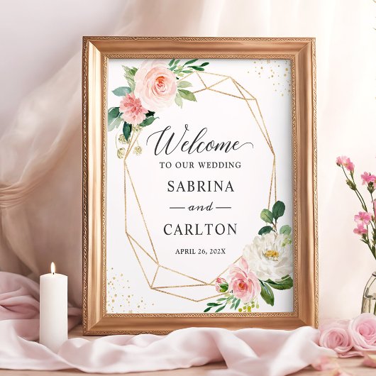 Modern Geometric Gold Blush Floral Wedding Sign Poster