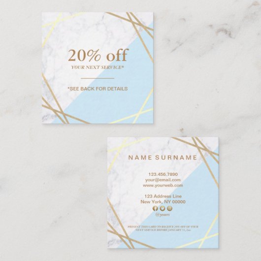 Modern Geometric Gold Marble Pastel Blue Coupon Vierkante Visitekaartje (Voorkant / Achterkant)