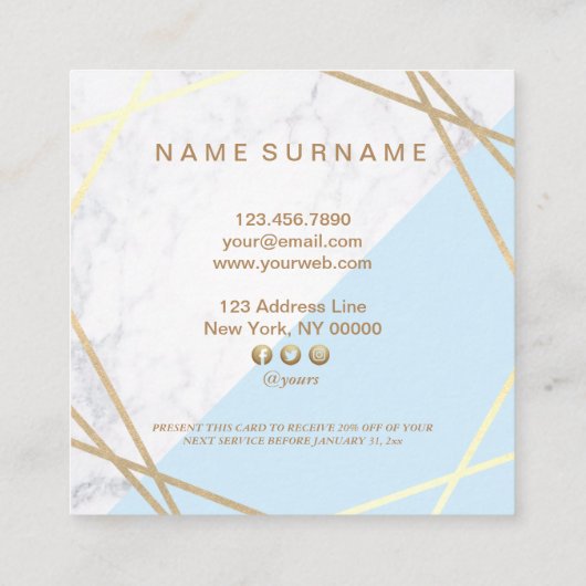 Modern Geometric Gold Marble Pastel Blue Coupon Vierkante Visitekaartje (Achterkant)