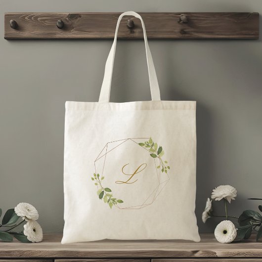 Modern Geometric Greenery Monogram Bridesmaid Tote Bag