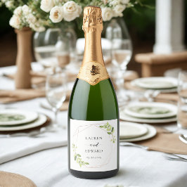 Modern Geometric Greenery Personalized Wedding Sparkling Wijnetiket