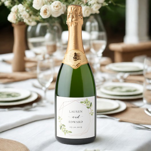 Modern Geometric Greenery Personalized Wedding Sparkling Wijnetiket