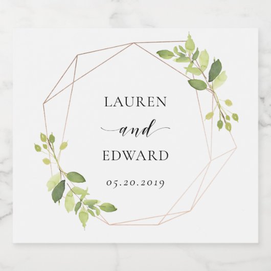 Modern Geometric Greenery Personalized Wedding Sparkling Wijnetiket (Enkel label)
