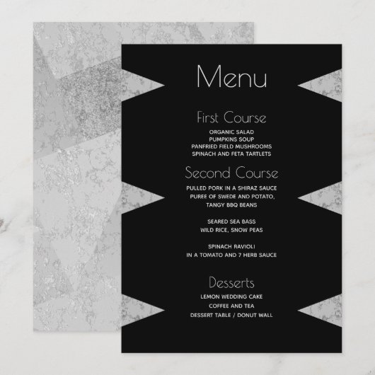 Modern Geometric Grey Marble Black Wedding Menu (Voorkant / Achterkant)