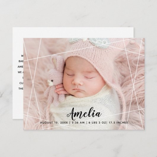 Modern Geometric Lines Foto Brith Aankondigingskaart (Voorkant / Achterkant)