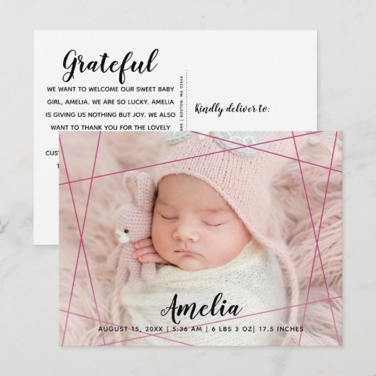 Modern Geometric Lines Foto Brith Aankondigingskaart (Voorkant / Achterkant)