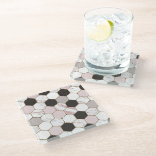 Modern Geometric Marble Hexagon Pattern Glazen Onderzetter