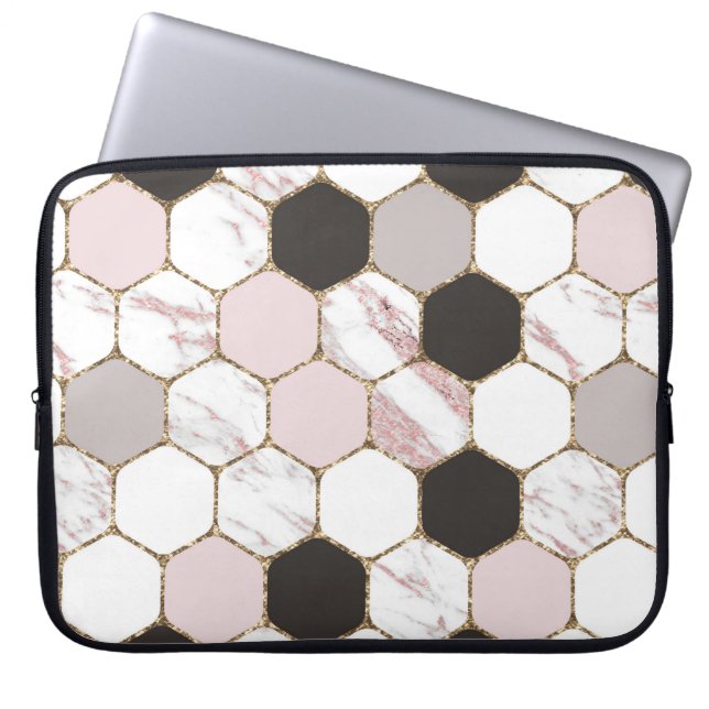 Modern Geometric Marble Hexagon Pattern Laptop Sleeve (Voorkant)