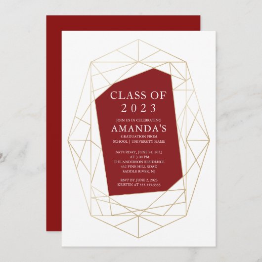 Modern Geometric Maroon Afstuderen Invitation Kaart (Voorkant / Achterkant)