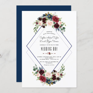 Modern Geometric Merlot Navy Blue Floral Wedding Kaart