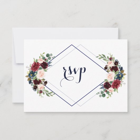 Modern Geometric Merlot Navy Blue Floral Wedding RSVP Kaartje (Voorkant)