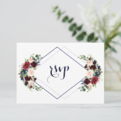 Modern Geometric Merlot Navy Blue Floral Wedding RSVP Kaartje (Staand voorkant)