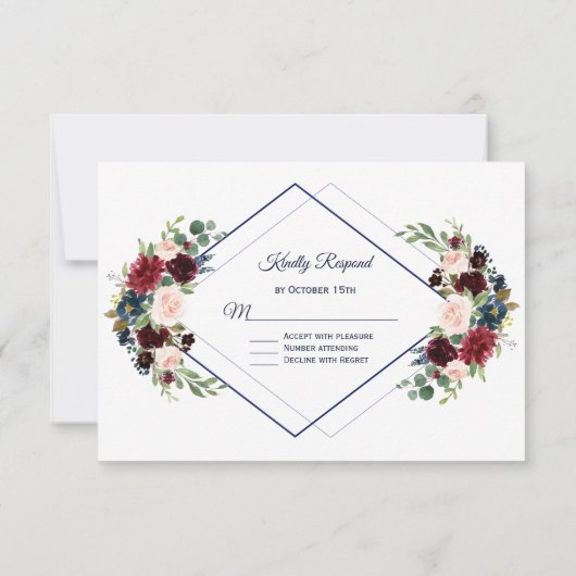 Modern Geometric Merlot Navy Blue Floral Wedding RSVP Kaartje (Achterkant)