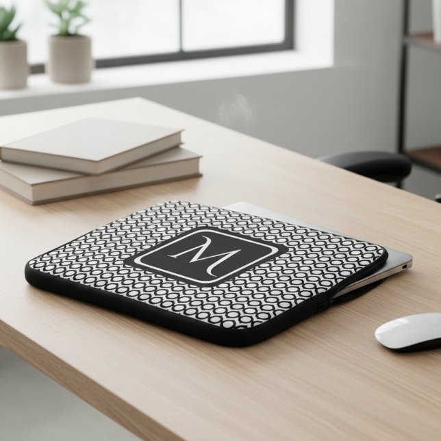 Modern Geometric Monogram Black White Laptop Sleeve (Creator heeft geüpload)