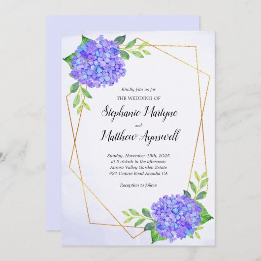 Modern Geometric Paarse Hydrangea Wedding Kaart (Voorkant / Achterkant)