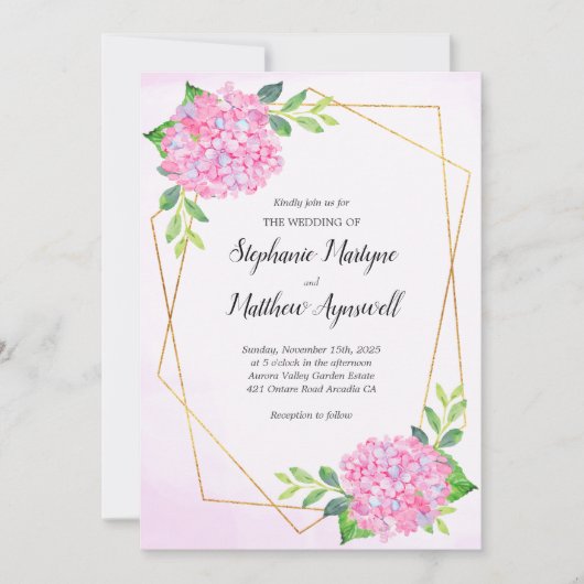 Modern Geometric Pink Hydrangea Wedding Kaart (Voorkant)