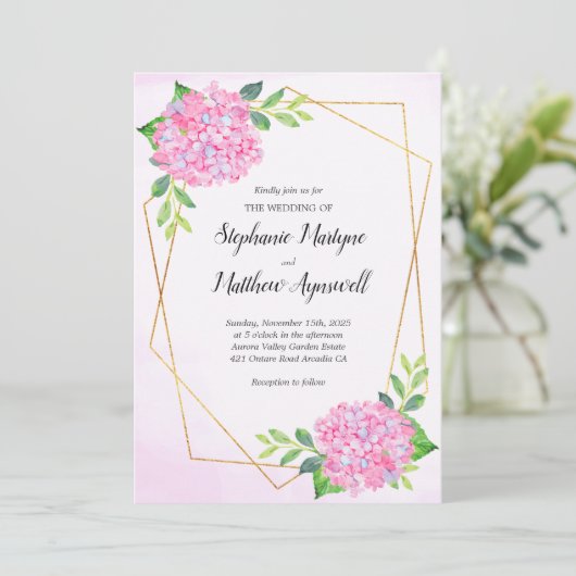 Modern Geometric Pink Hydrangea Wedding Kaart (Staand voorkant)