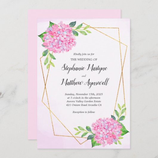 Modern Geometric Pink Hydrangea Wedding Kaart (Voorkant / Achterkant)