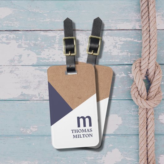 Modern Geometric Printed Kraft White Blue Bagagelabel