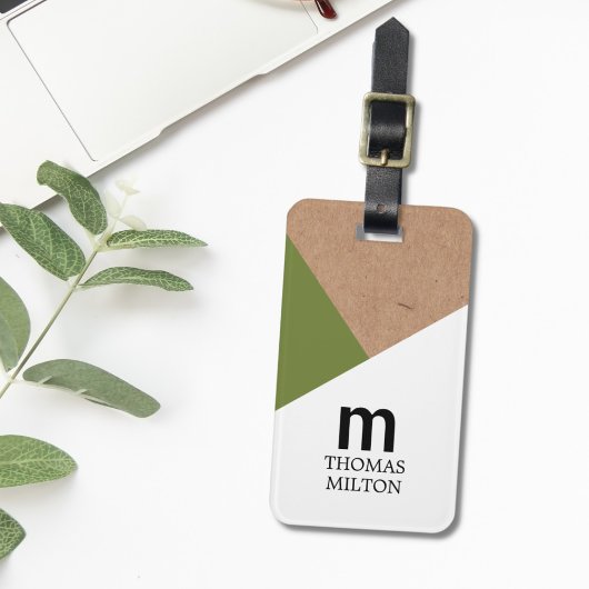 Modern Geometric Printed Kraft White Green Bagagelabel