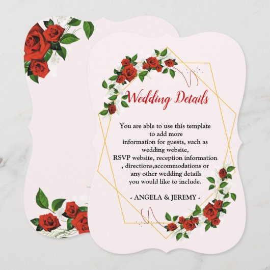 Modern Geometric Red Floral-weddin Reception Detai Kaart (Voorkant / Achterkant)